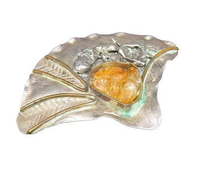 925 Sterling Silver  Vintage Modernist Baltic Amber Shell Brooch Pin  BP9554