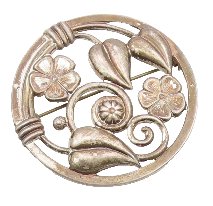 LANG 925 Silver  Vintage Dark Tone Floral Swirl Vine Round Brooch Pin  BP5505