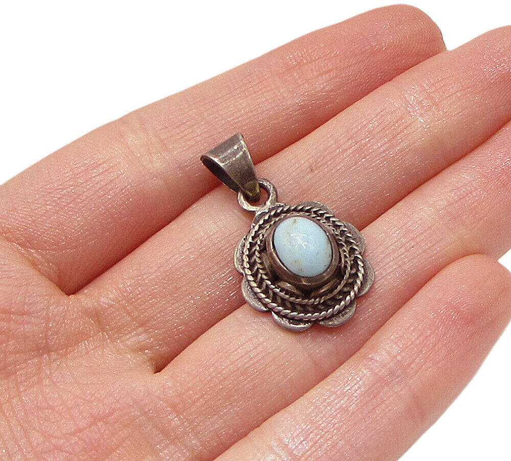925 Sterling Silver  Vintage Bezel Set Turquoise Drop Pendant  PT2427