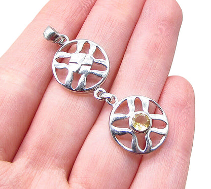 925 Sterling Silver  Faceted Citrine Linked Cross Wheels Drop Pendant  PT1530