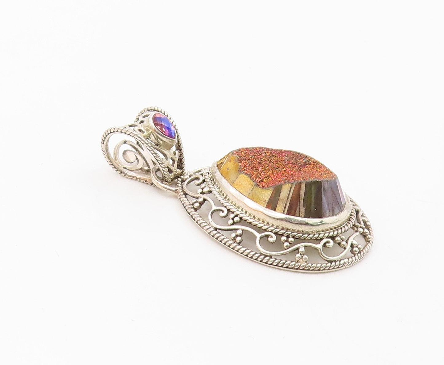 SAJEN 925 Sterling Silver Vintage Druzy Stone Swirl Vine Border Pendant PT16628