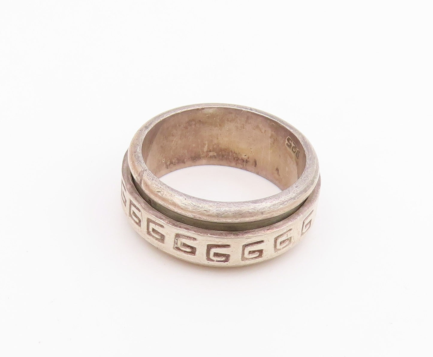 925 Sterling Silver Vintage Ring Etched Greek Key Spinning Band  Sz 8  RG34502