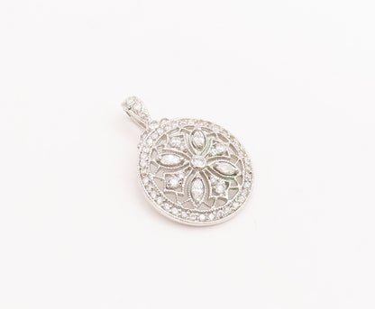925 Sterling Silver Vintage Pendant Round CZ Inlay Cutout Floral Design  PT23248