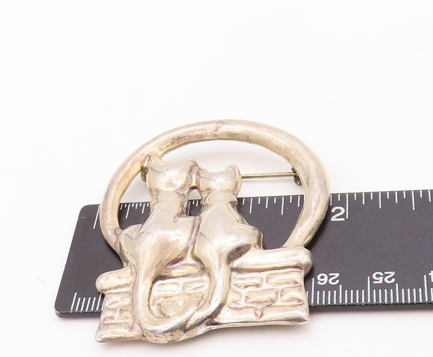 925 Sterling Silver Vintage Brooch Pin MEXICO Solid Cutout Couple Cats  BP11262