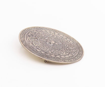 925 Sterling Silver Vintage Brooch Ancient Aztec Calendar Medallion Pin  BP11988