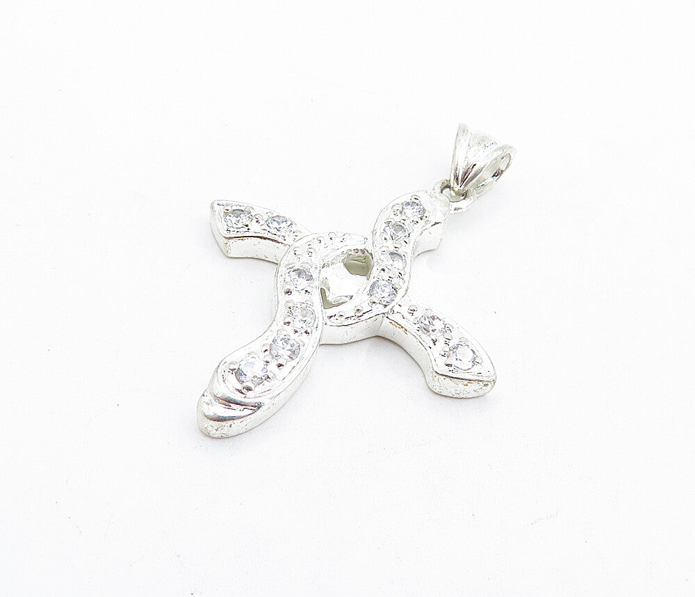 925 Sterling Silver  Shiny Topaz Swirl Religious Cross Drop Pendant  PT4636