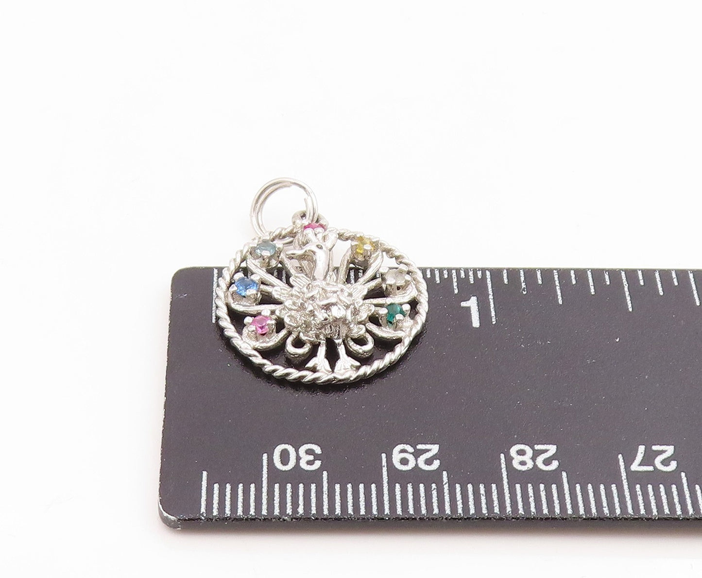 925 Sterling Silver Vintage Pendant Multi Gemstone Elegant Peacock Bird  PT25909