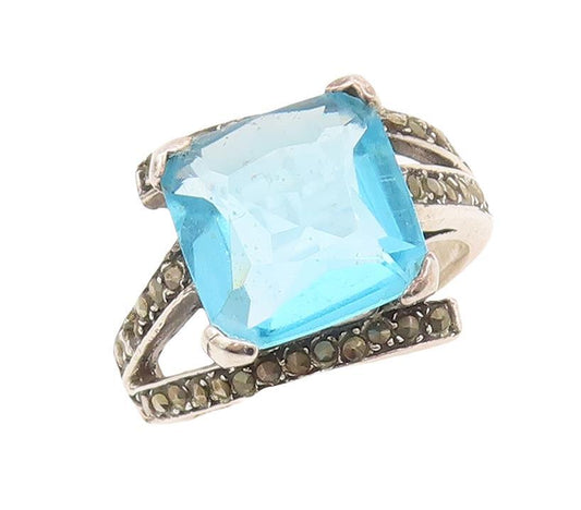 925 Sterling Silver Vintage Ring Square Blue CZ Cutout Marcasite  Sz 8  RG28471