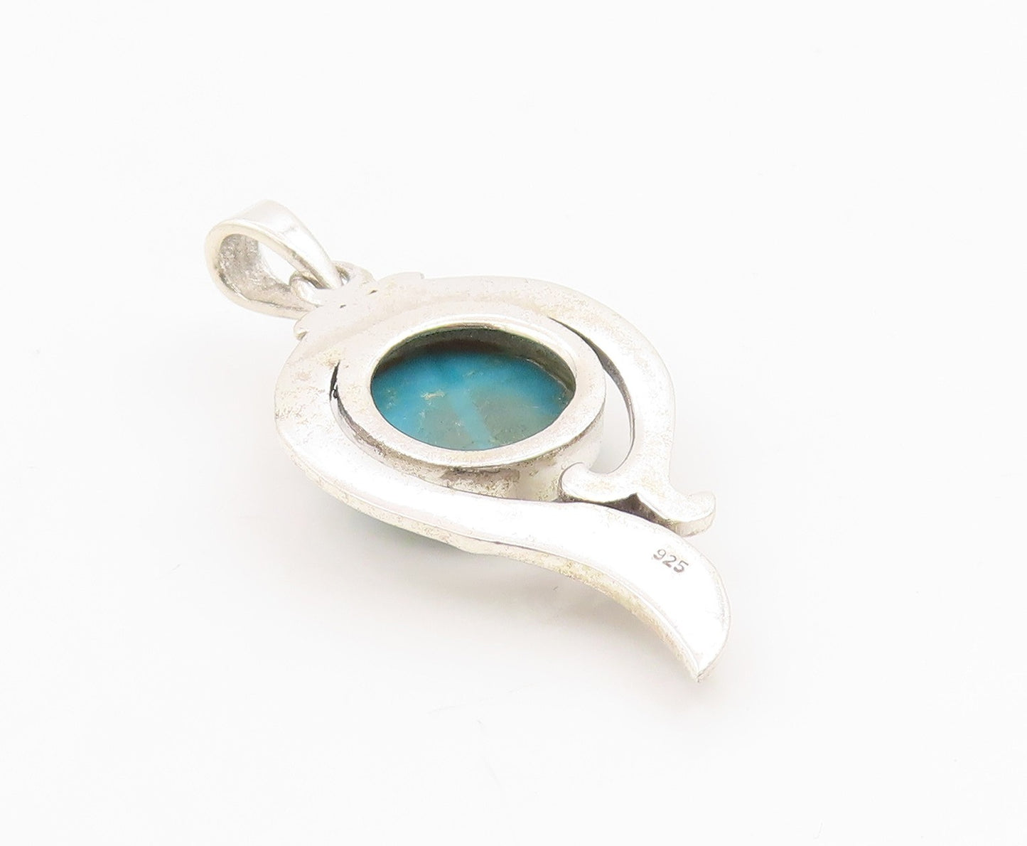 925 Sterling Silver Vintage Pendant Cabochon Turquoise Modernist Swirl  PT26193