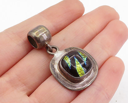 925 Sterling Silver  Vintage Enamel Glitter Art Dark Tone Drop Pendant  PT4075
