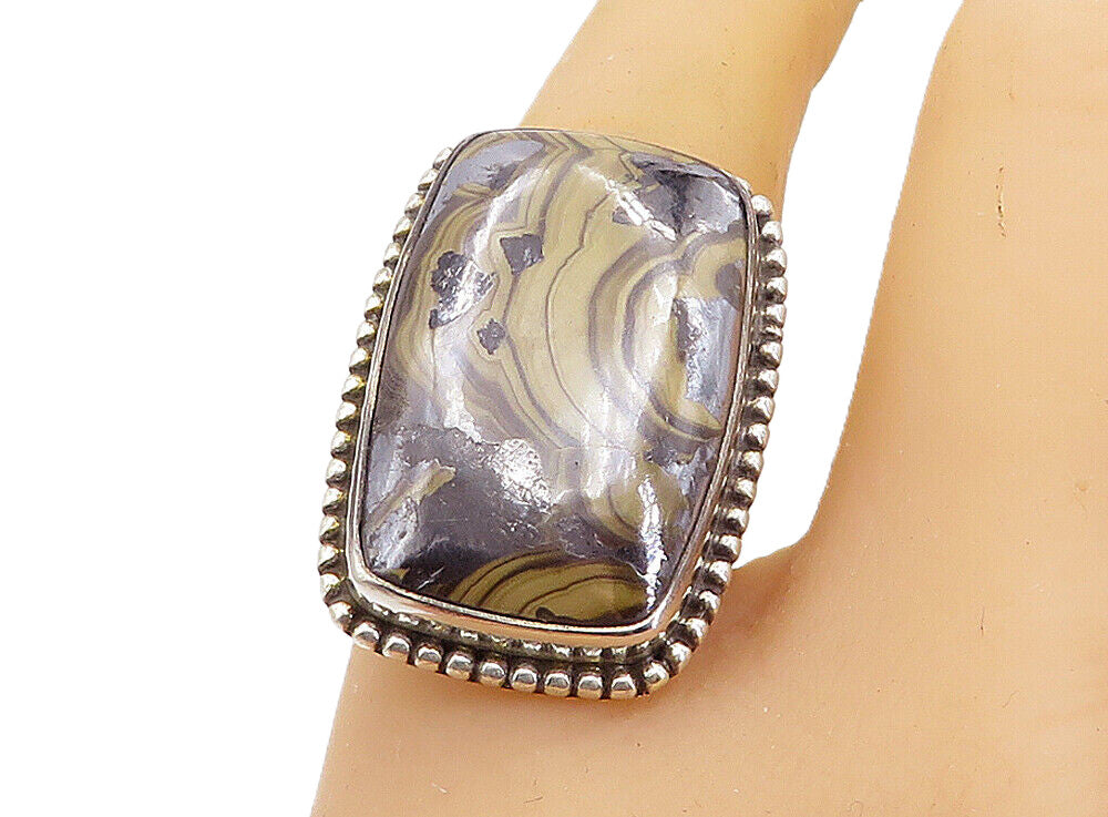 925 Sterling Silver  Cabochon Cut Brown Agate Square Cocktail Ring Sz 8 RG8141