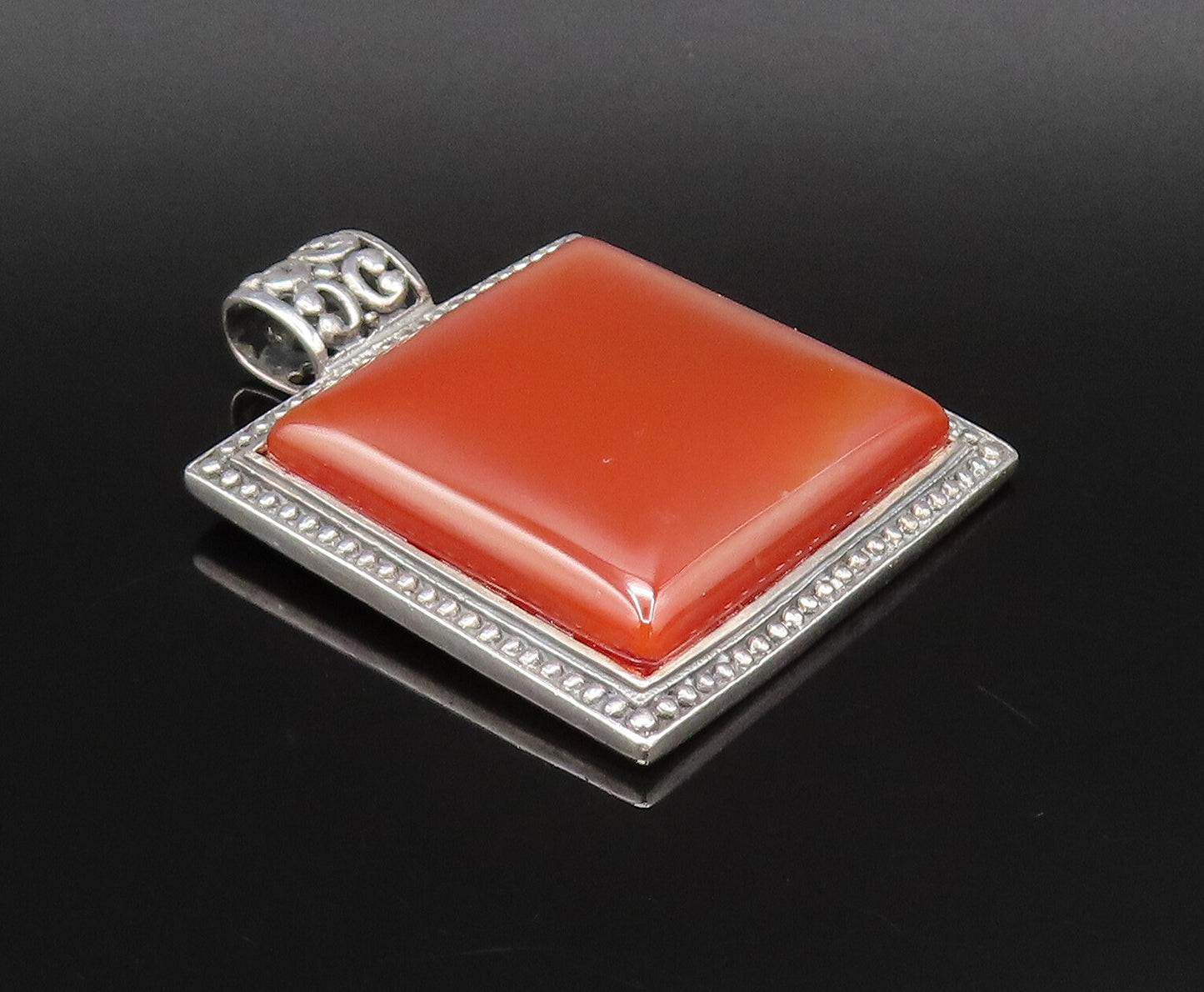 925 Sterling Silver  Vintage Dotted Edge Square Carnelian Pendant  PT21713