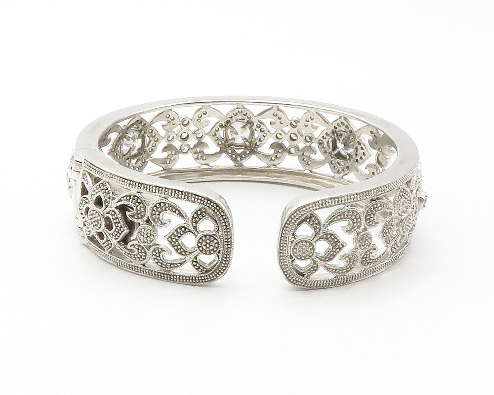 925 Sterling Silver  Shiny Cubic Zirconia Open Floral Cuff Bracelet  BT5743