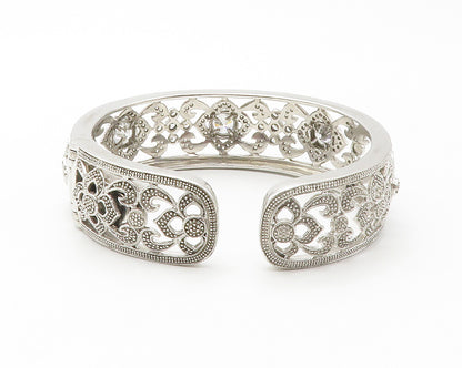 925 Sterling Silver  Shiny Cubic Zirconia Open Floral Cuff Bracelet  BT5743