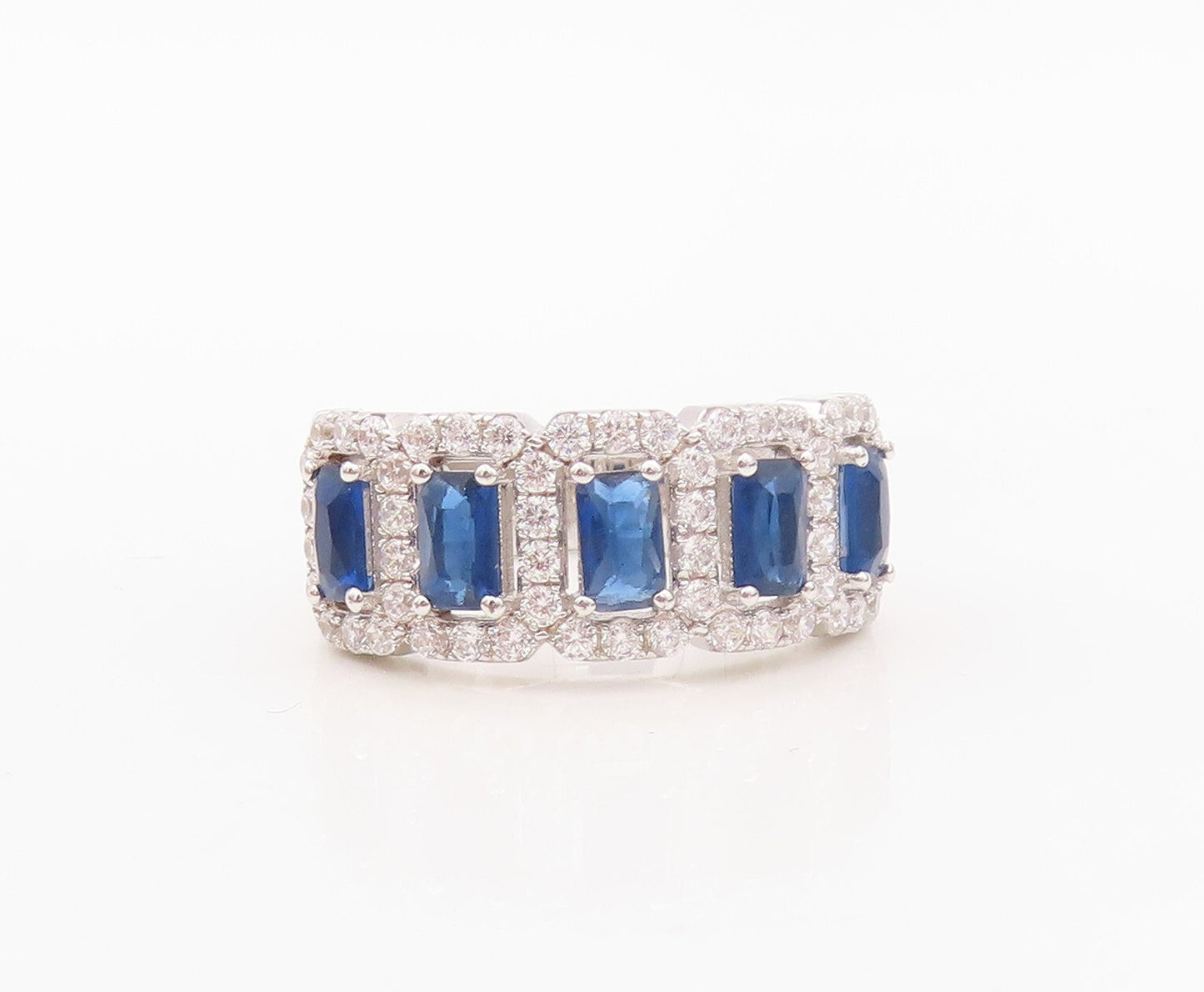 925 Sterling Silver Vintage Ring Rectangle Cut Sapphire Halo CZ  Sz 7.5  RG30237