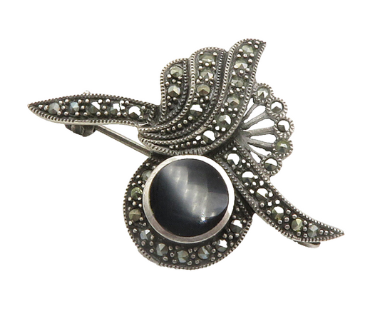 925 Sterling Silver  Vintage Inlaid Black Onyx & Marcasite Brooch Pin  BP5662