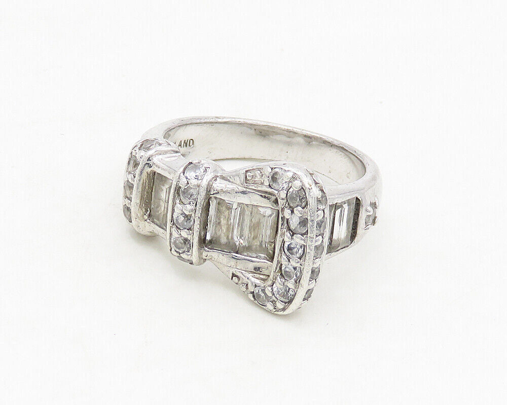 925 Sterling Silver  Shiny Topaz Belt Buckle Motif Band Ring Sz 8  RG17328