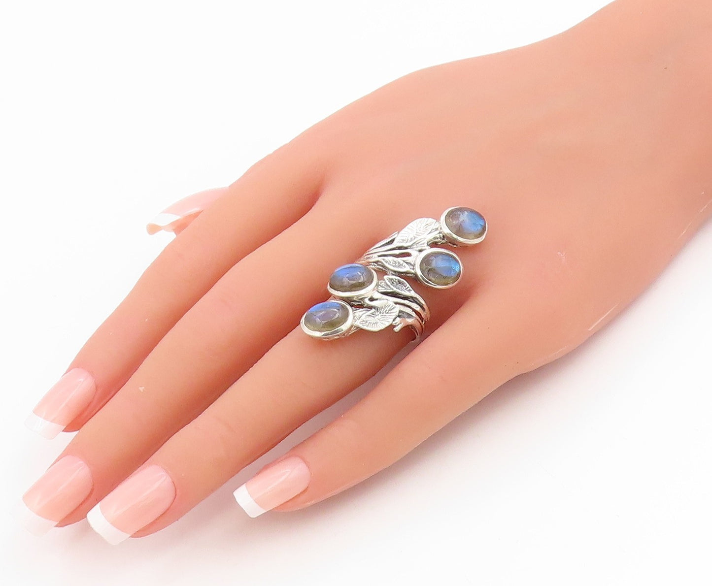 925 Sterling Silver Vintage Ring Labradorite Floral Leaf Bypass  Sz 8  RG34883