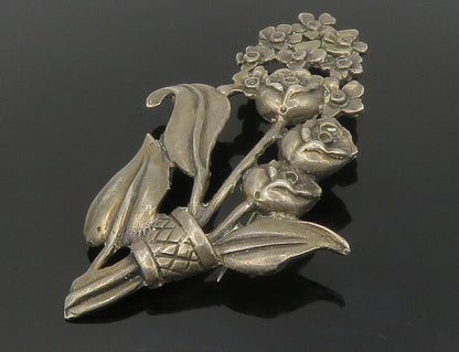 925 Sterling Silver  Vintage Dark Tone Flower Bouquet Motif Brooch Pin  BP5318
