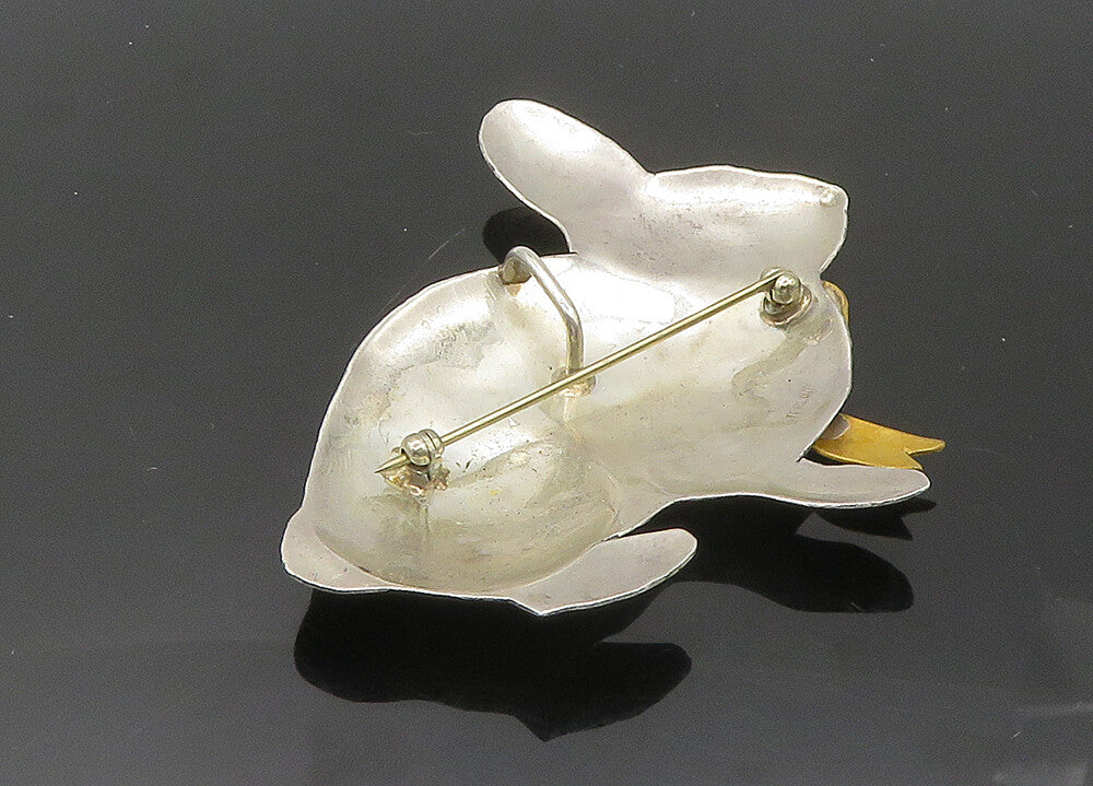 925 Sterling Silver  Vintage Two Tone Etched Rabbit Motif Brooch Pin  BP8216