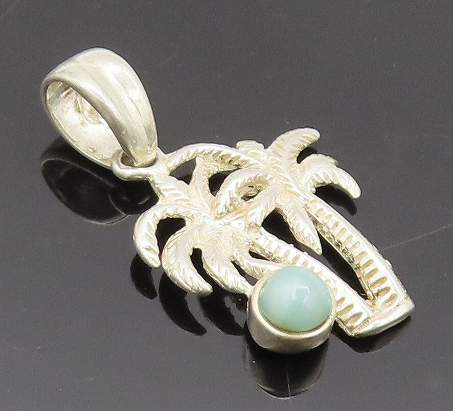 925 Sterling Silver Vintage Pendant Blue Turquoise Carved Coconut Tree  PT22464