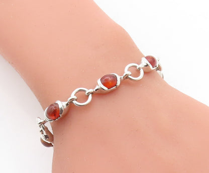 925 Sterling Silver  Cabochon Cut Amber Round Link Chain Bracelet  BT2158