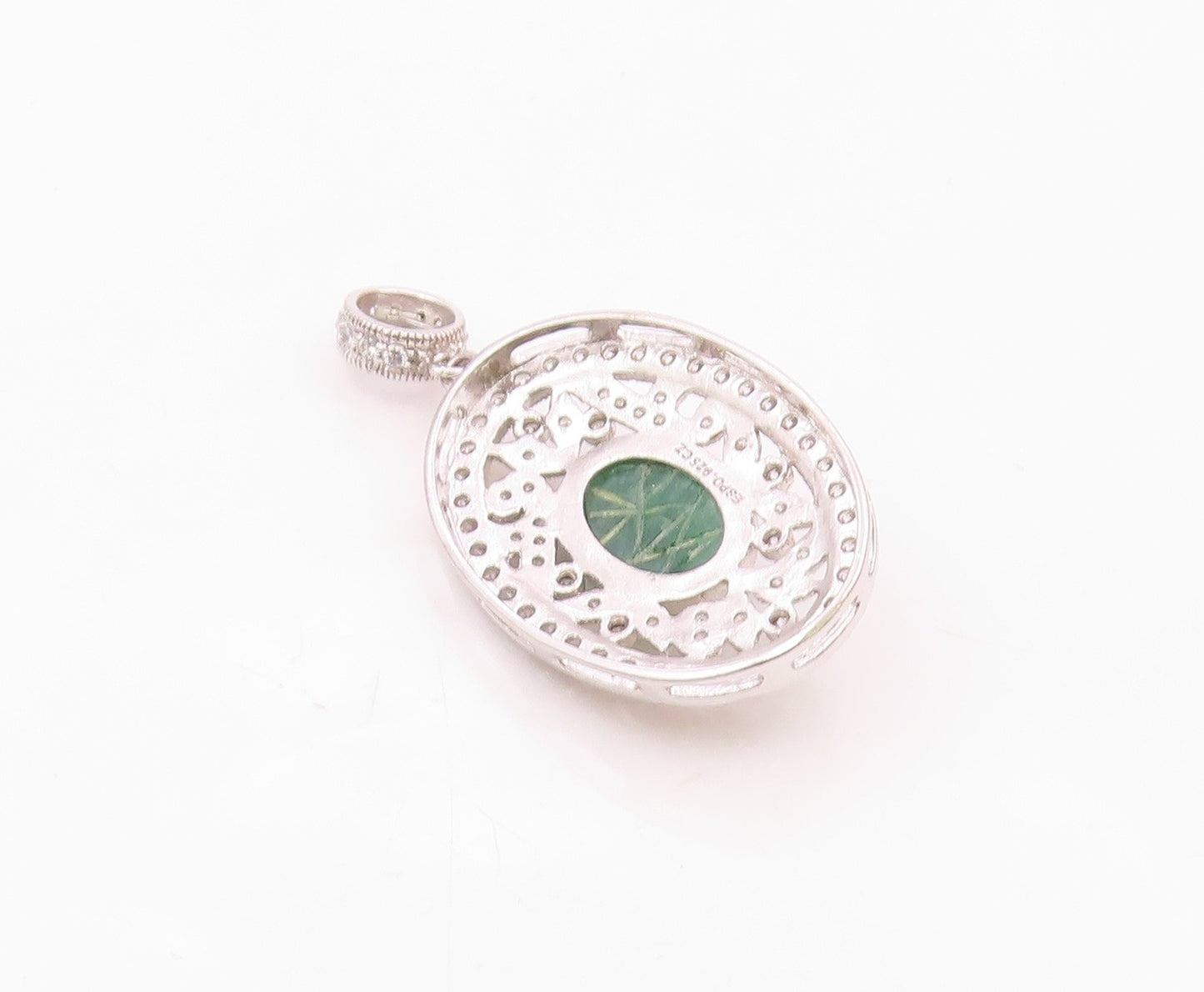 925 Sterling Silver  Vintage Carved Jade & Cubic Zirconia Pendant  PT20048