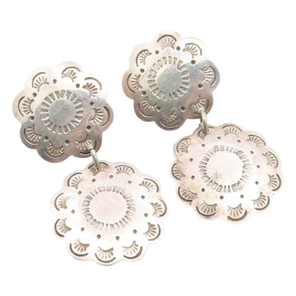 925 Sterling Silver Vintage Earrings MEXICO Etched Floral Concho Drop  EG14183