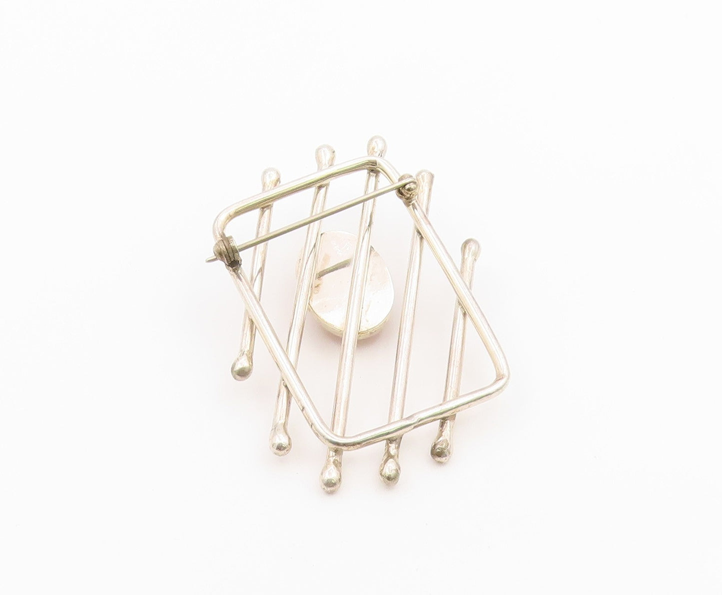 925 Sterling Silver Vintage Brooch Pin Rose Quartz Geometric Lattice  BP12596