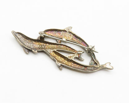 SHUBE 925 Sterling Silver  Vintage Swimming Dolphins Brooch Pin  BP5695