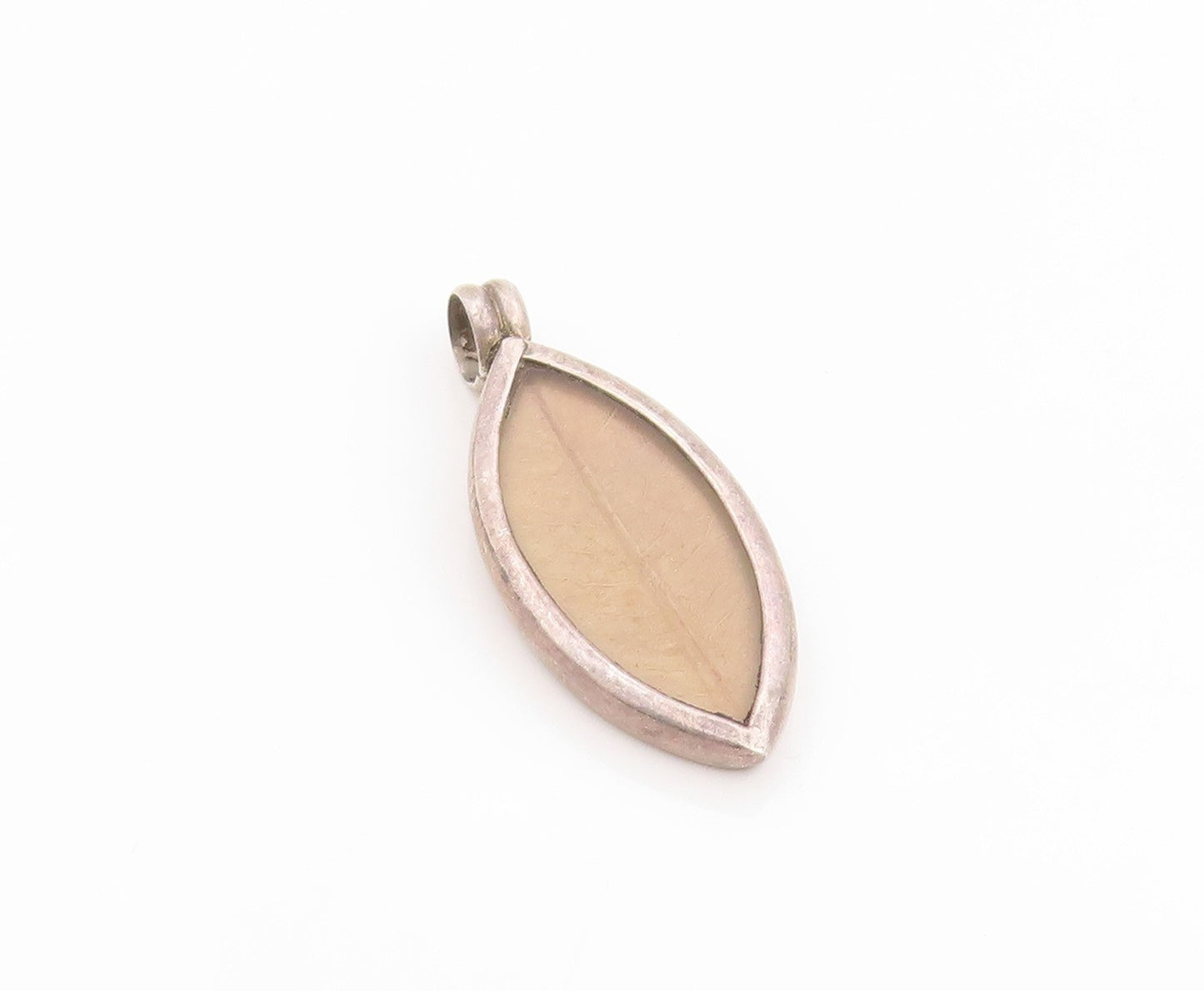925 Sterling Silver Vintage Pendant Marquise Shape Dried Leaf Inlay Drop PT26257