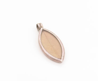 925 Sterling Silver Vintage Pendant Marquise Shape Dried Leaf Inlay Drop PT26257