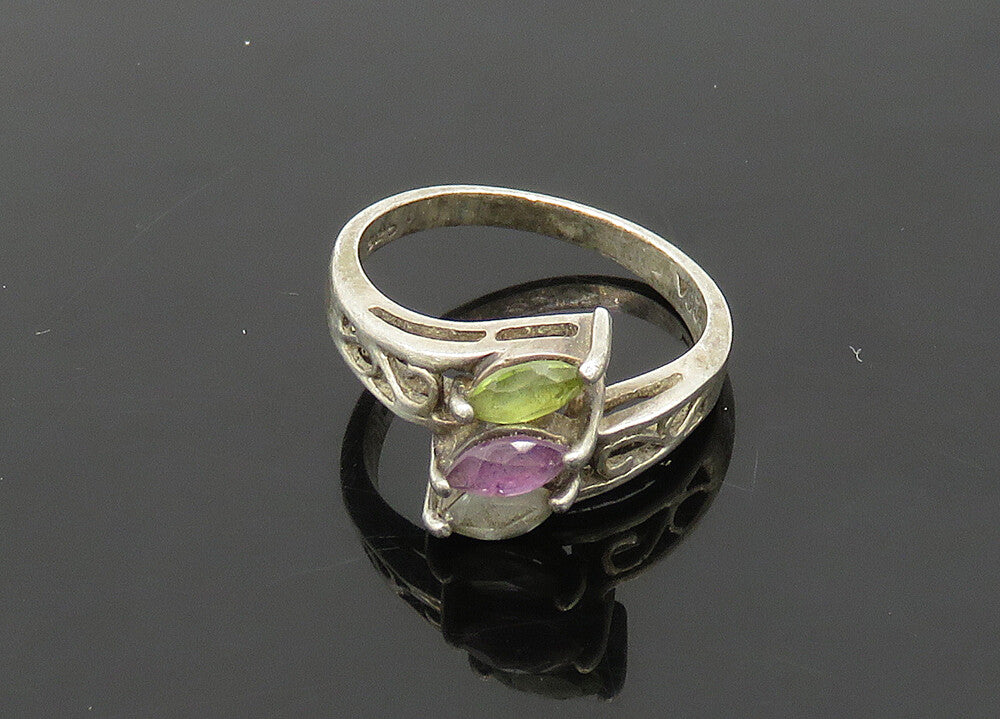 925 Silver  Vintage Amethyst Peridot & Blue Topaz Band Ring Sz 7  RG21205