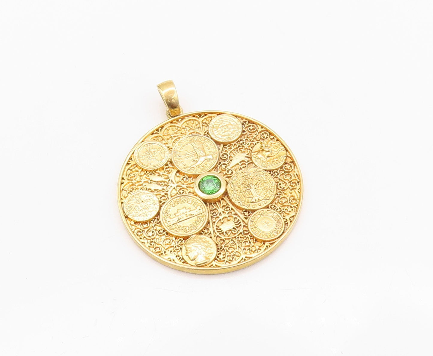 925 Sterling Silver Vintage Pendant Gold Plated CZ Medallion Filigree  PT24189