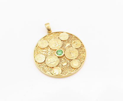 925 Sterling Silver Vintage Pendant Gold Plated CZ Medallion Filigree  PT24189