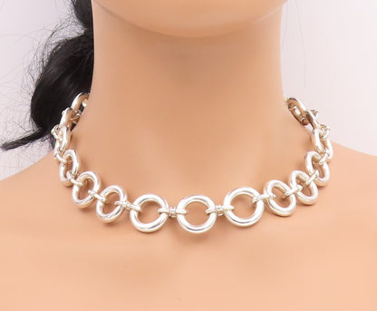 925 Sterling Silver Vintage Necklace Modernist Geometric Circles Link  NE4843