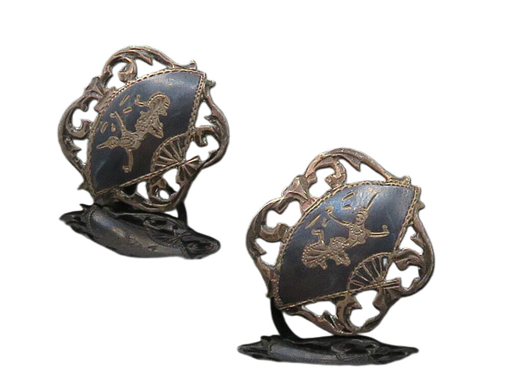 SIAM 925 Silver  Vintage Enamel Niello Dancer Non Pierce Drop Earrings  EG7912