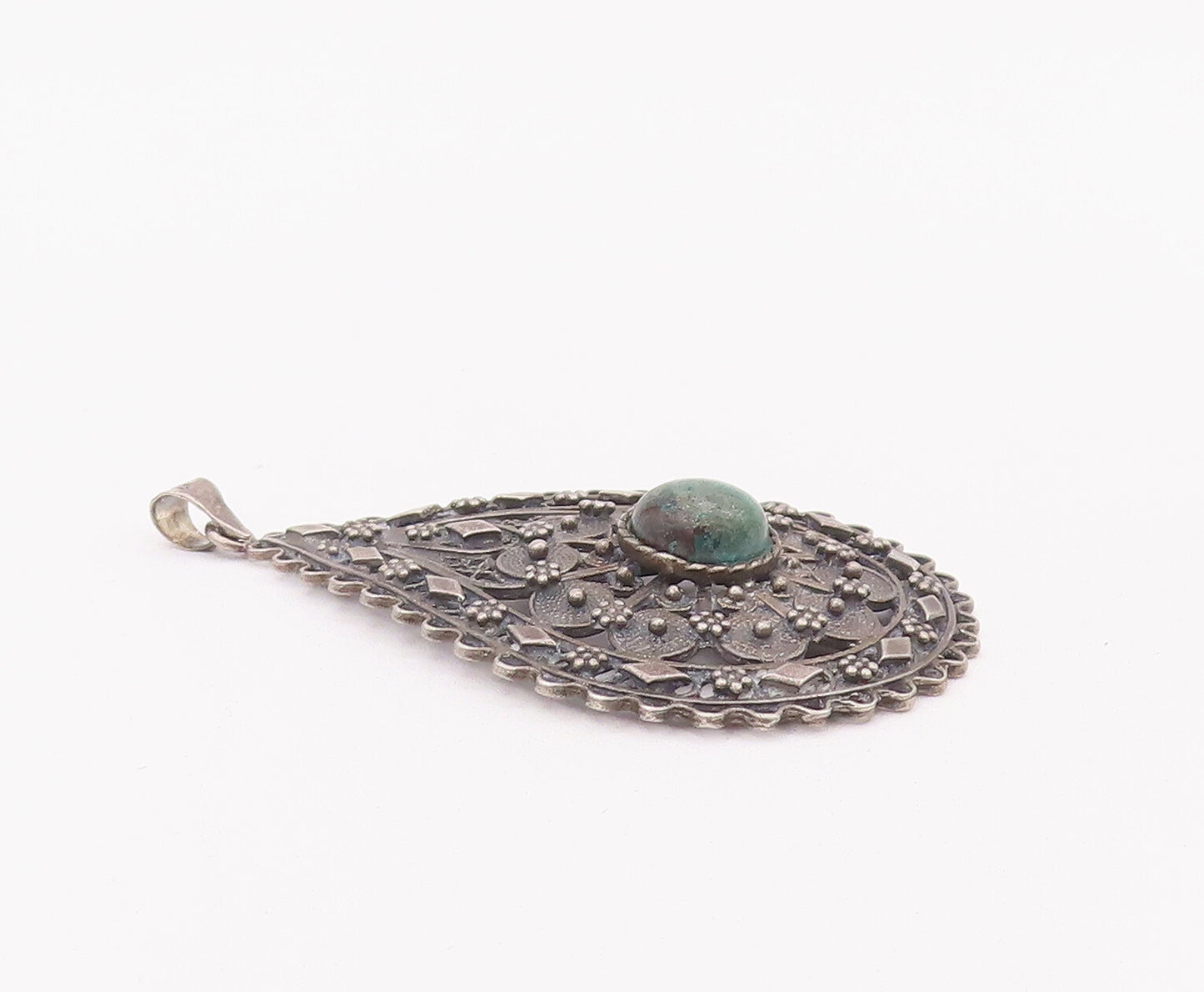 925 Sterling Silver Vintage Pendant Drop Floral Carved Domed Turquoise  PT22813