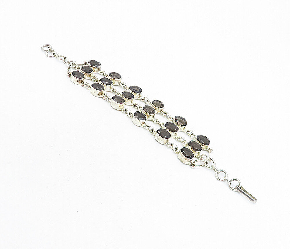 925 Sterling Silver  Faceted Smoky Topaz Shiny 3 Row Chain Bracelet  BT3296