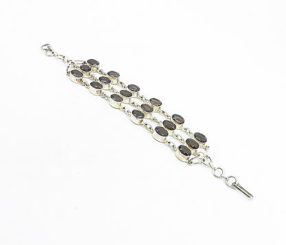 925 Sterling Silver  Faceted Smoky Topaz Shiny 3 Row Chain Bracelet  BT3296