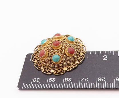 925 Sterling Silver Vintage Pendant Gold Plated Turquoise & Gemstones  PT24715