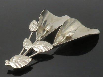 925 Sterling Silver  Vintage Shiny Modernist Flowers Motif Brooch Pin  BP5424