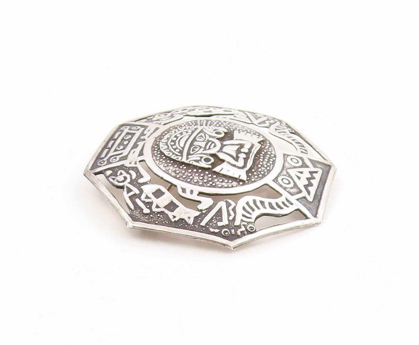 925 Sterling Silver Vintage Brooch PERU Aztec Andean Deity Octagonal Pin BP12010