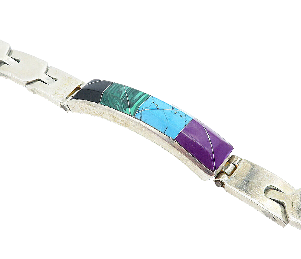 MEXICO 925 Silver  Vintage Malachite Onyx Turquoise & Sugilite Bracelet BT1936