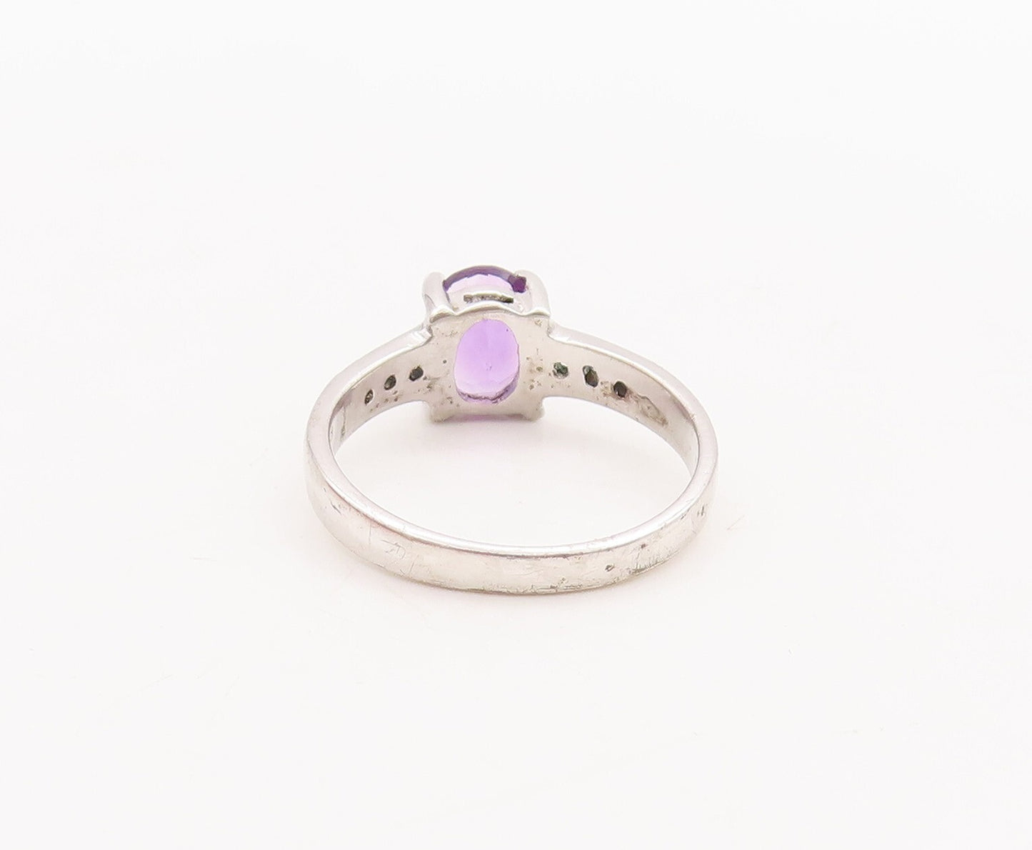 925 Sterling Silver Vintage Ring Oval Cut Amethyst Diamonds Inlay Sz 7.5 RG29380