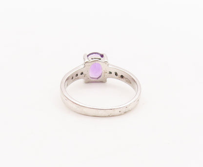 925 Sterling Silver Vintage Ring Oval Cut Amethyst Diamonds Inlay Sz 7.5 RG29380
