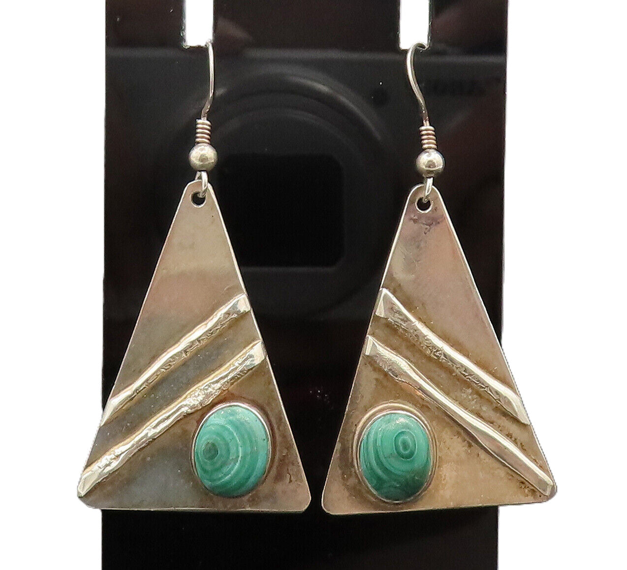 925 Silver  Vintage Modernist Malachite Carved Triangle Earrings  EG12615