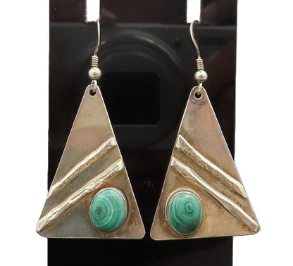 925 Silver  Vintage Modernist Malachite Carved Triangle Earrings  EG12615