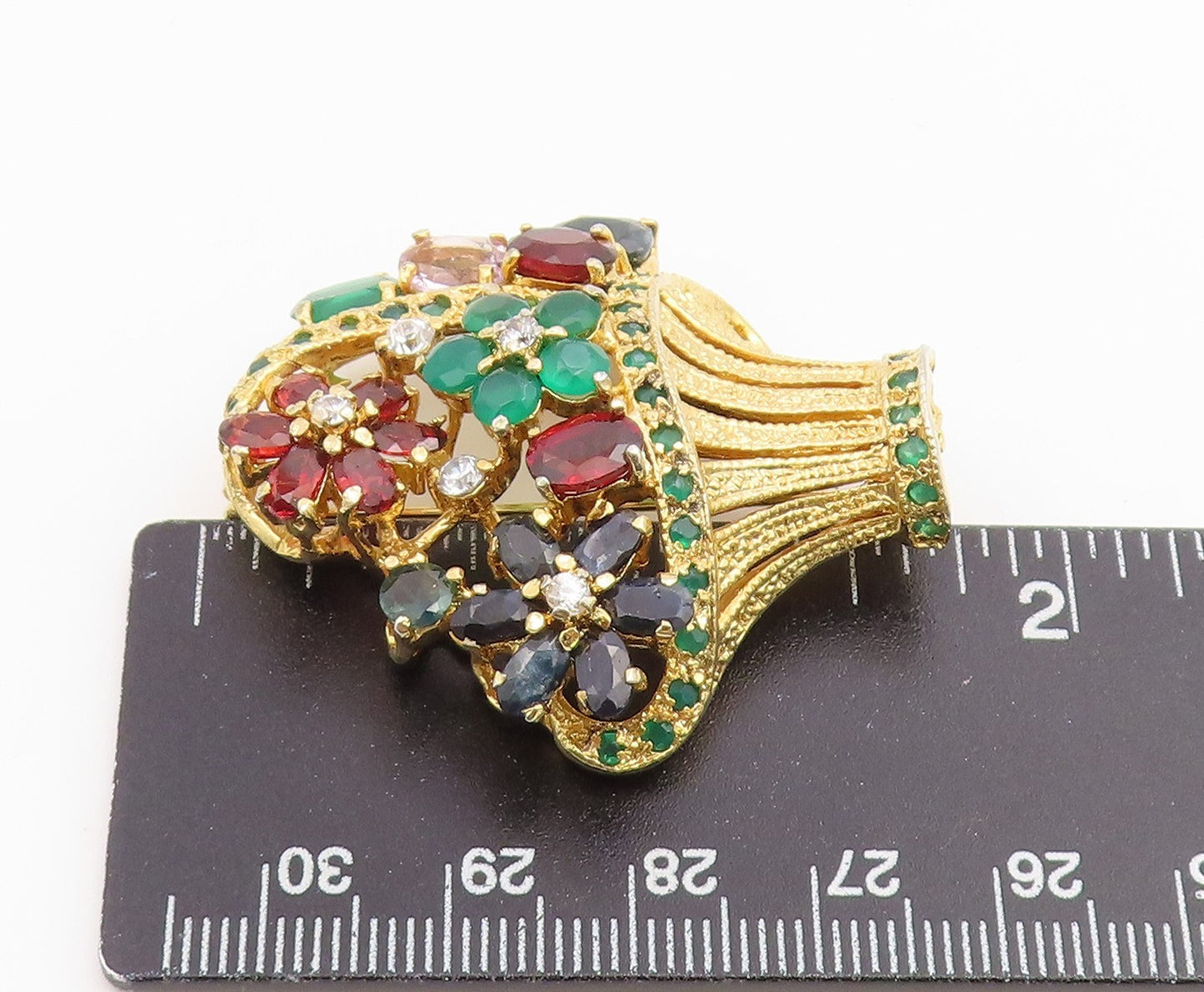 925 Sterling Silver Vintage Brooch Pin Gold Plated Gemstone Bouquet  BP12654