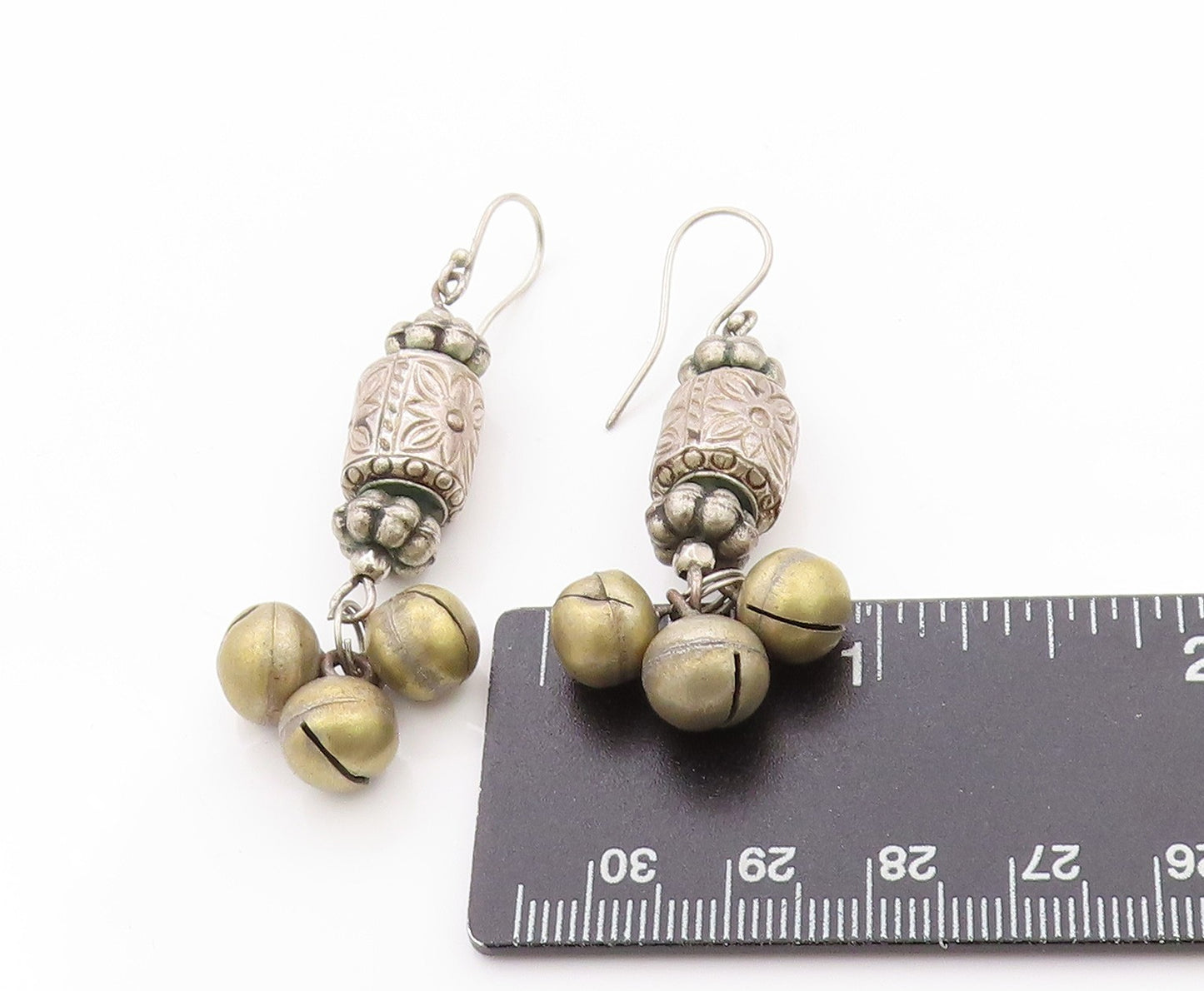 925 Sterling Silver Vintage Earrings Floral Carved Metal Ball Drop  EG13611